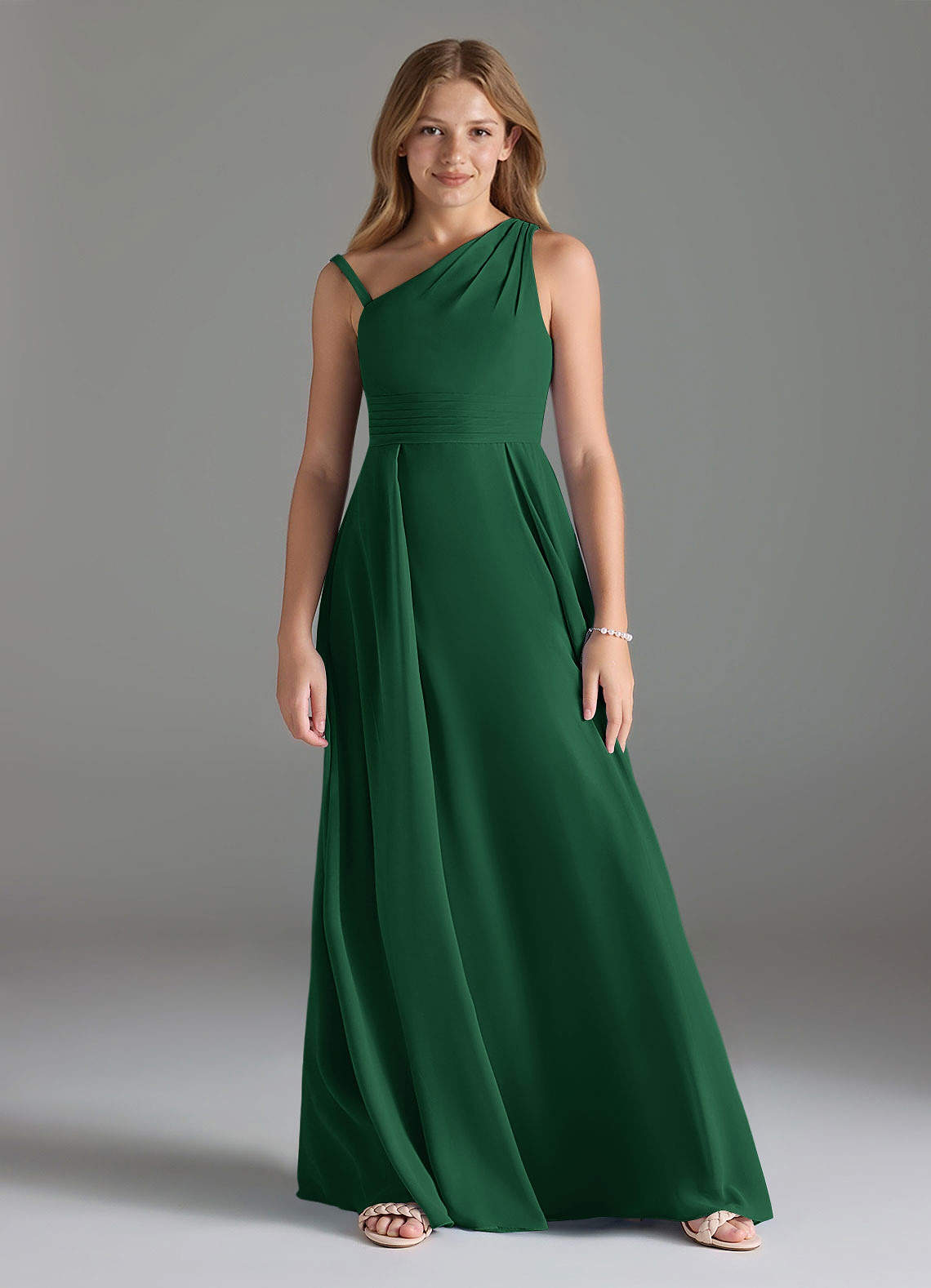 Azazie Dallas Junior Dark Green A-Line Pleated Chiffon Dress image1