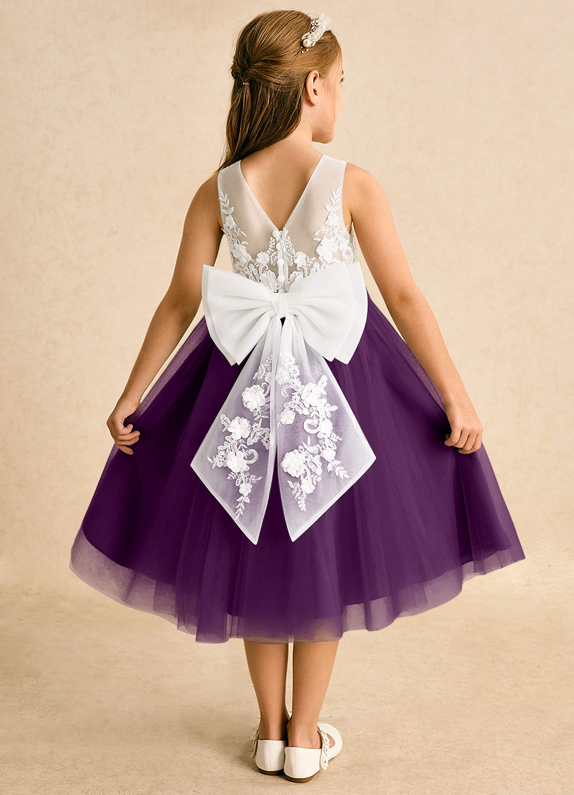 Azazie Lina Flower Girl Dresses Ivory Grape Ball-Gown Lace Dress image1