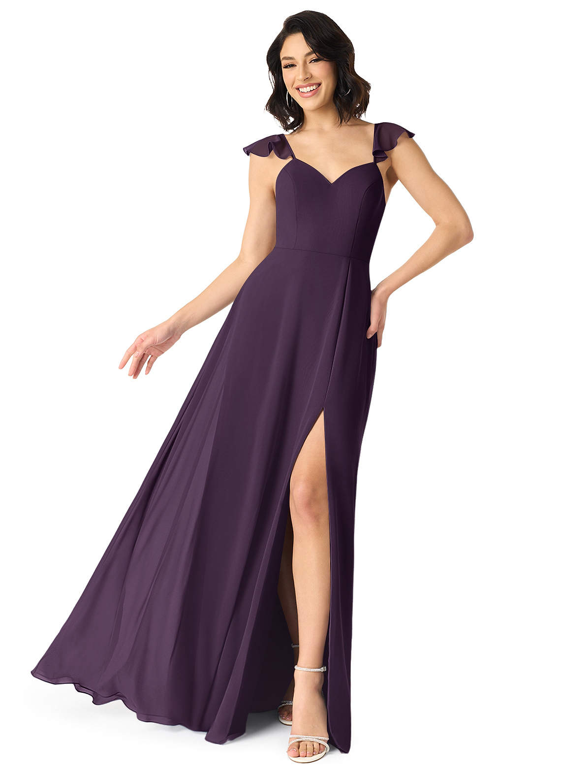 Azazie Everett Bridesmaid Dresses Plum A-Line V-neck Ruched Chiffon Dress image1