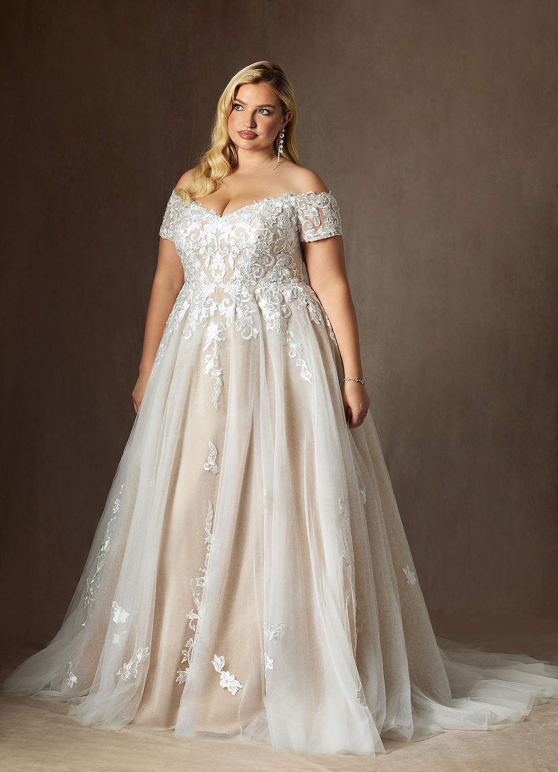 Azazie Rowe Wedding Dresses Diamond White Nude Ball-Gown Off the Shoulder Tulle Dress image2