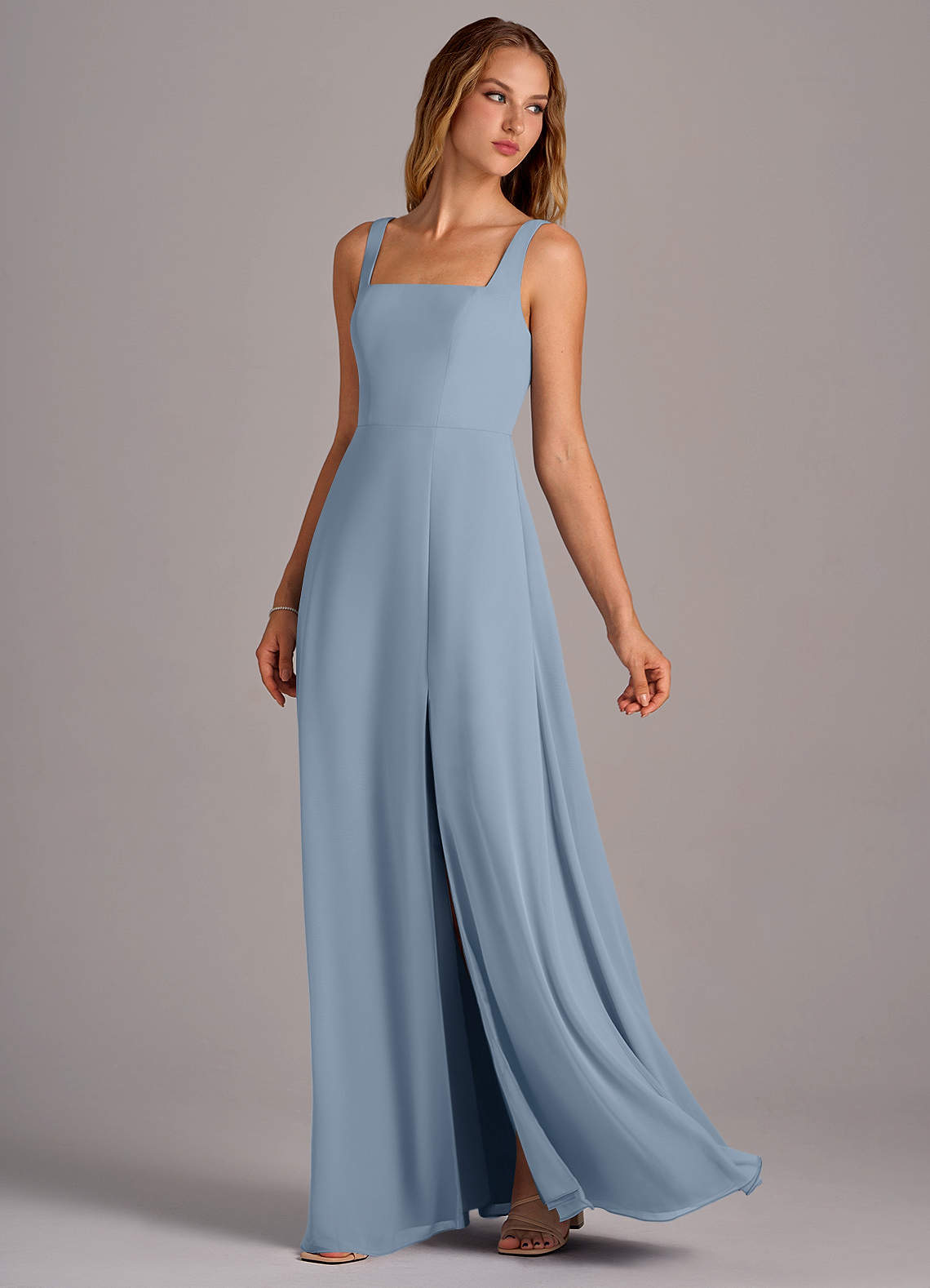 Azazie Debra Bridesmaid Dresses Dusty Blue A-Line with Pockets Chiffon Convertible Dress image1