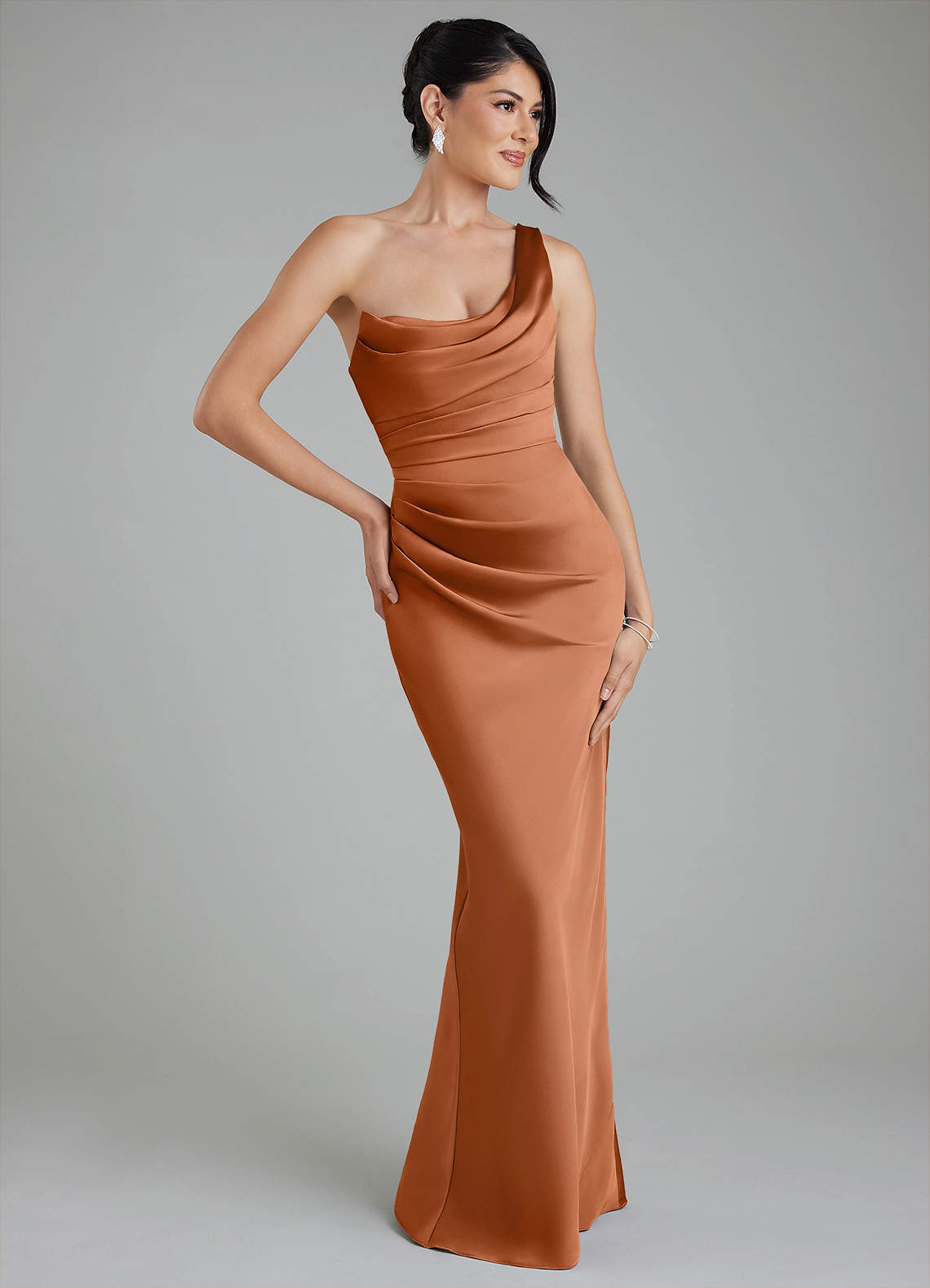 satin copper bridesmaid dresses Azazie Charlize