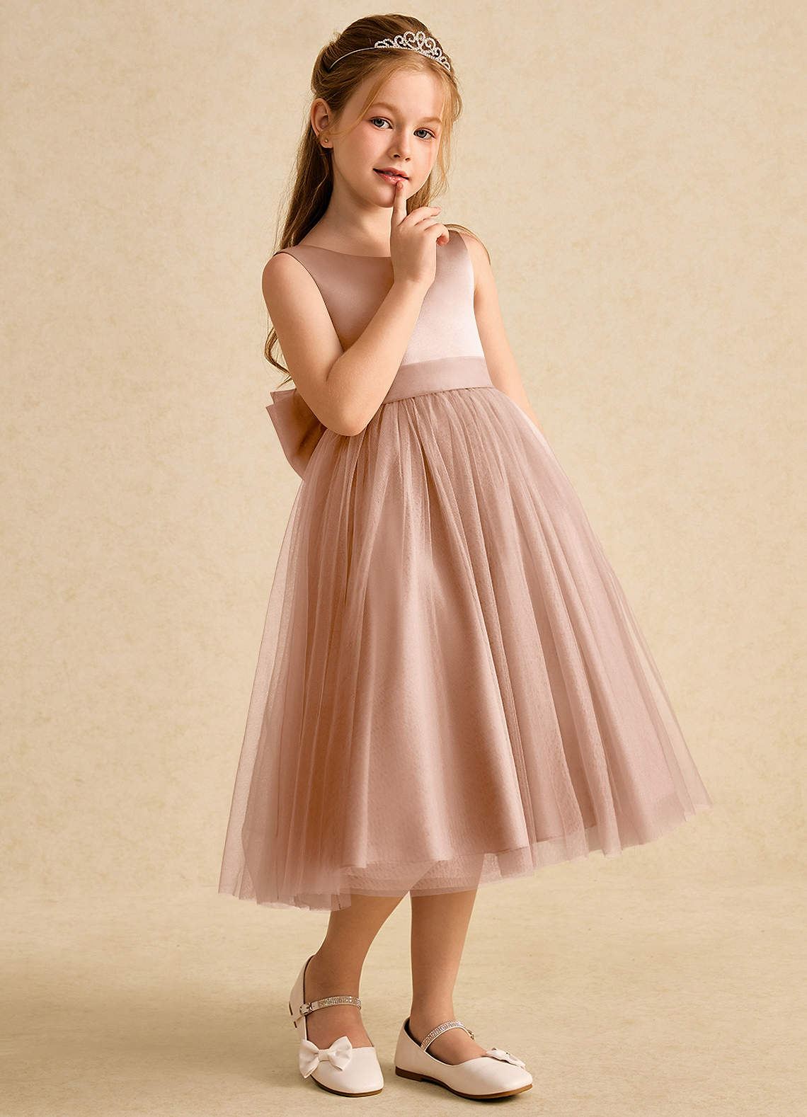 Azazie Winnie Flower Girl Dresses Champagne Rose Ball-Gown Bow Tulle Dress image5
