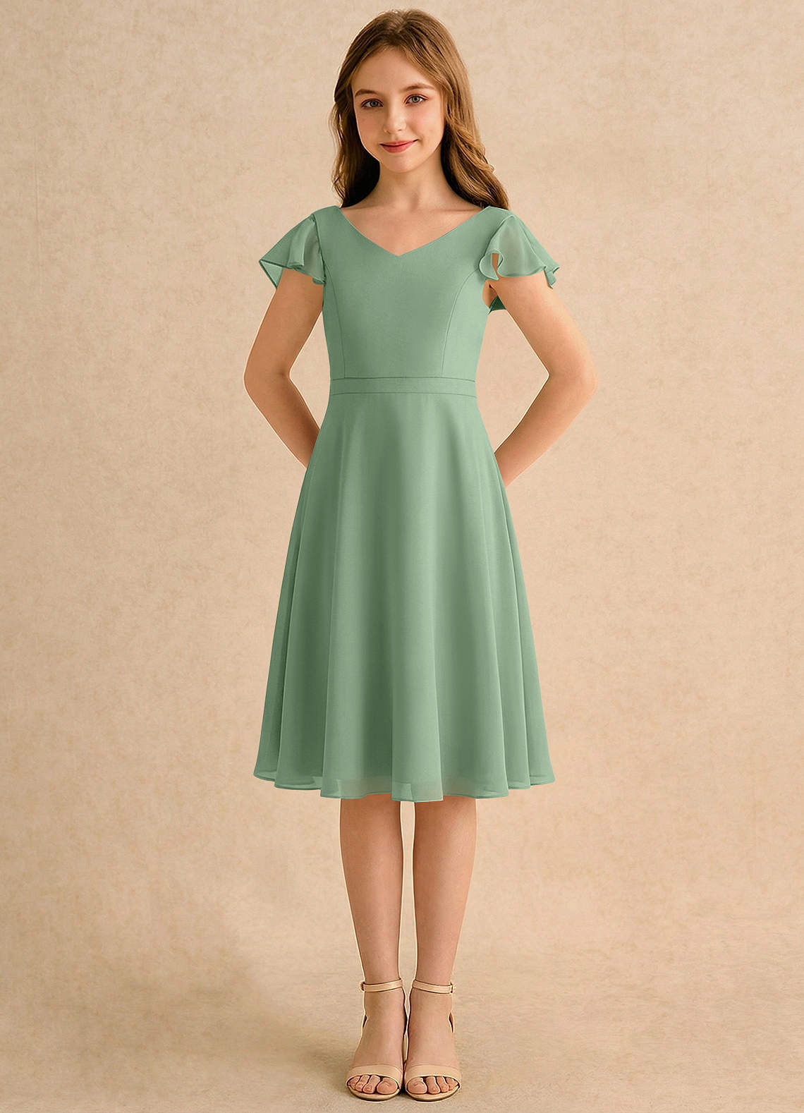 Azazie Narin Girls Formal Blumenmädchenkleider A-Linie mit ärmel Chiffon Kleid Matcha image4