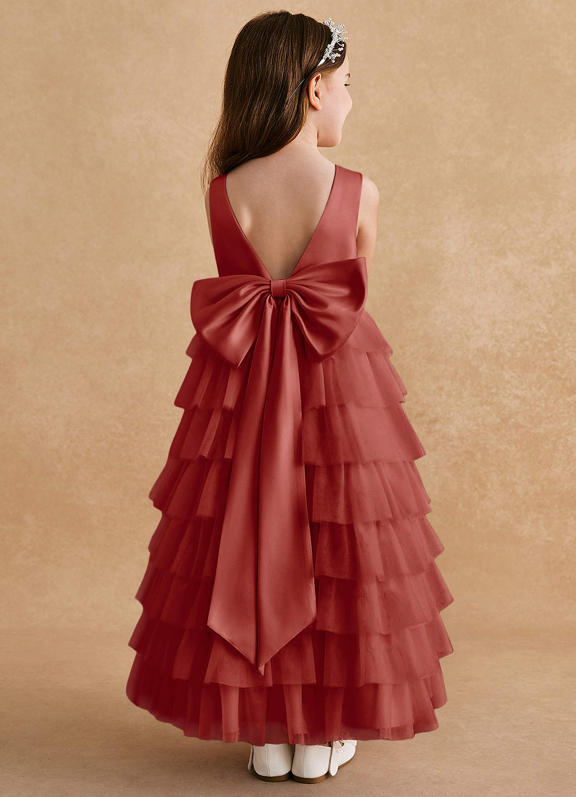 Azazie Twinkle Toes Blumenmädchenkleider A-Linie Schleifen Tüll Kleid Terrakotta image1