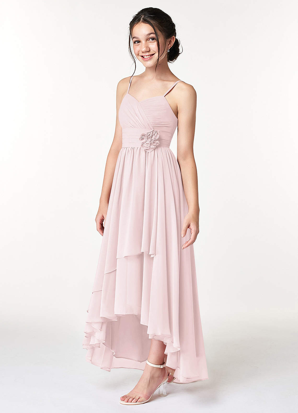 Azazie Catalina Junior Blushing Pink A-Line Ruched Chiffon Dress image2