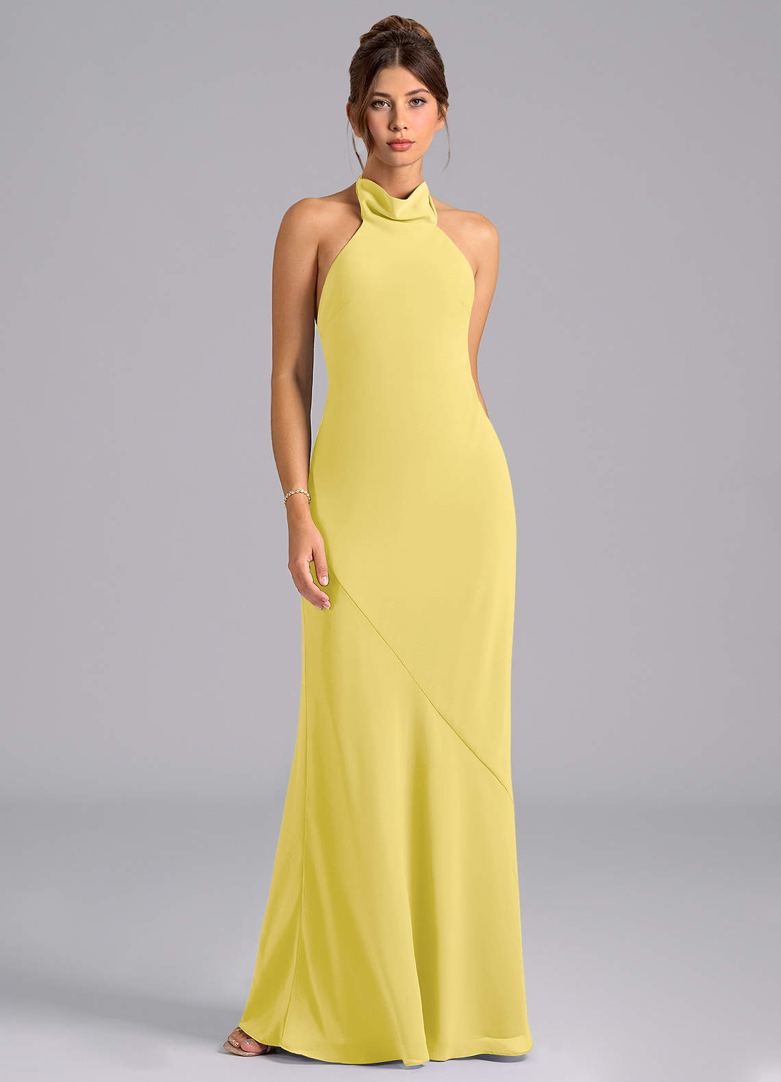 Azazie Velli Robes à essayer chez vous Robe Sirène en Mousseline de soie Col Haut Bleu Poussiéreux image5