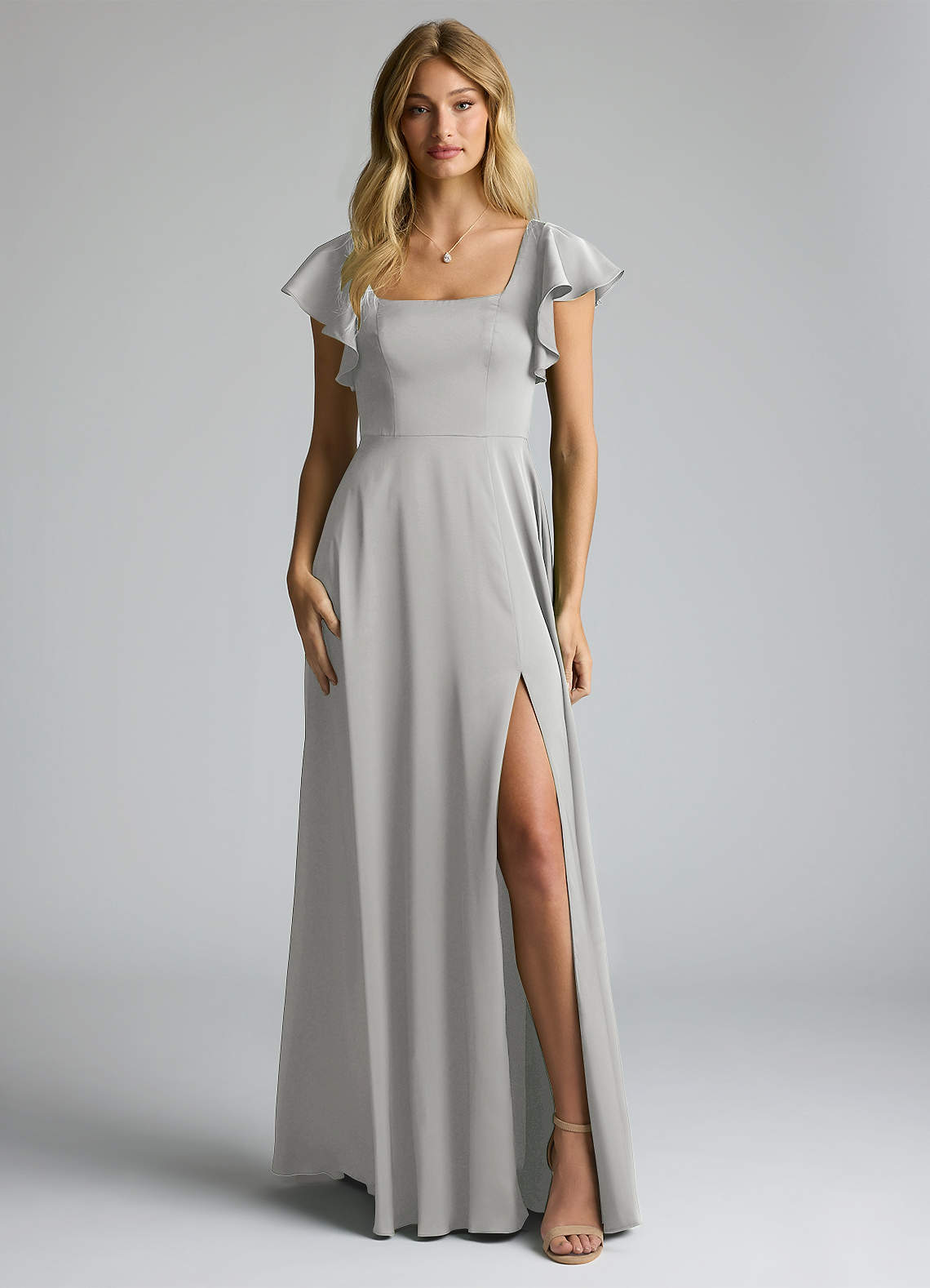 Azazie Bondi Bridesmaid Dresses Silver A-Line Bow Stretch Satin Dress image5