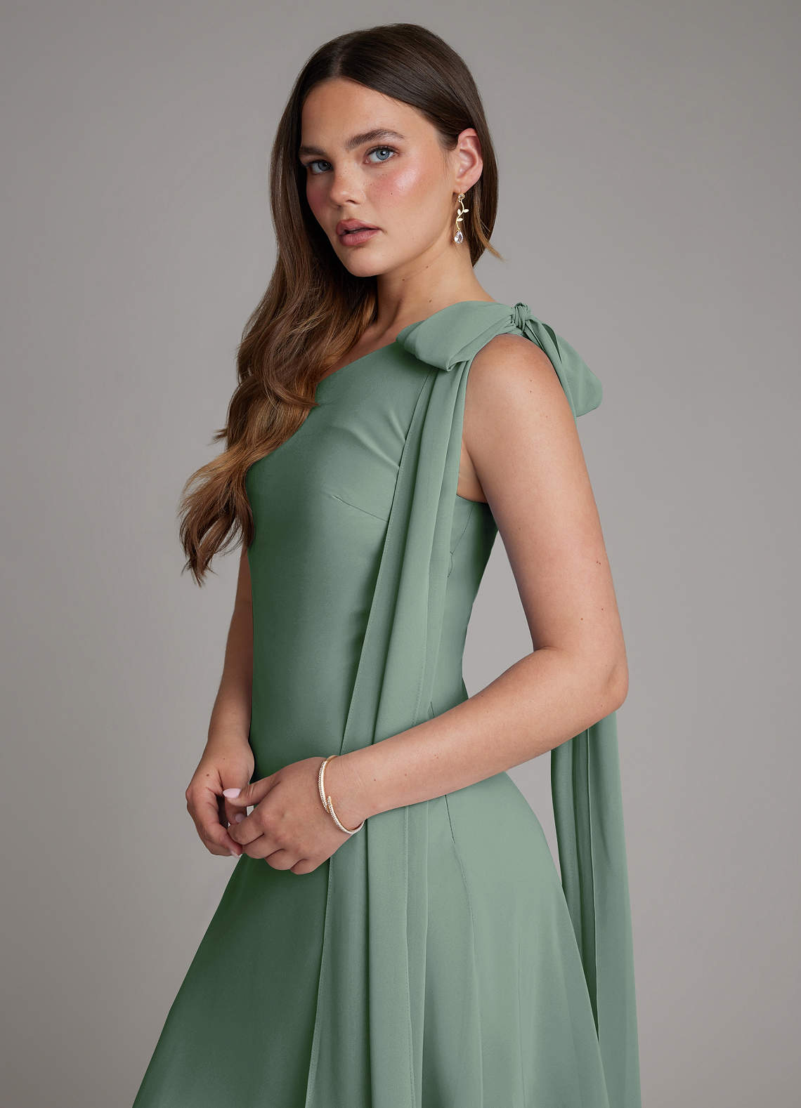 Azazie Monique At-home Try On Dresses Eucalyptus A-Line One Shoulder Chiffon Dress image4