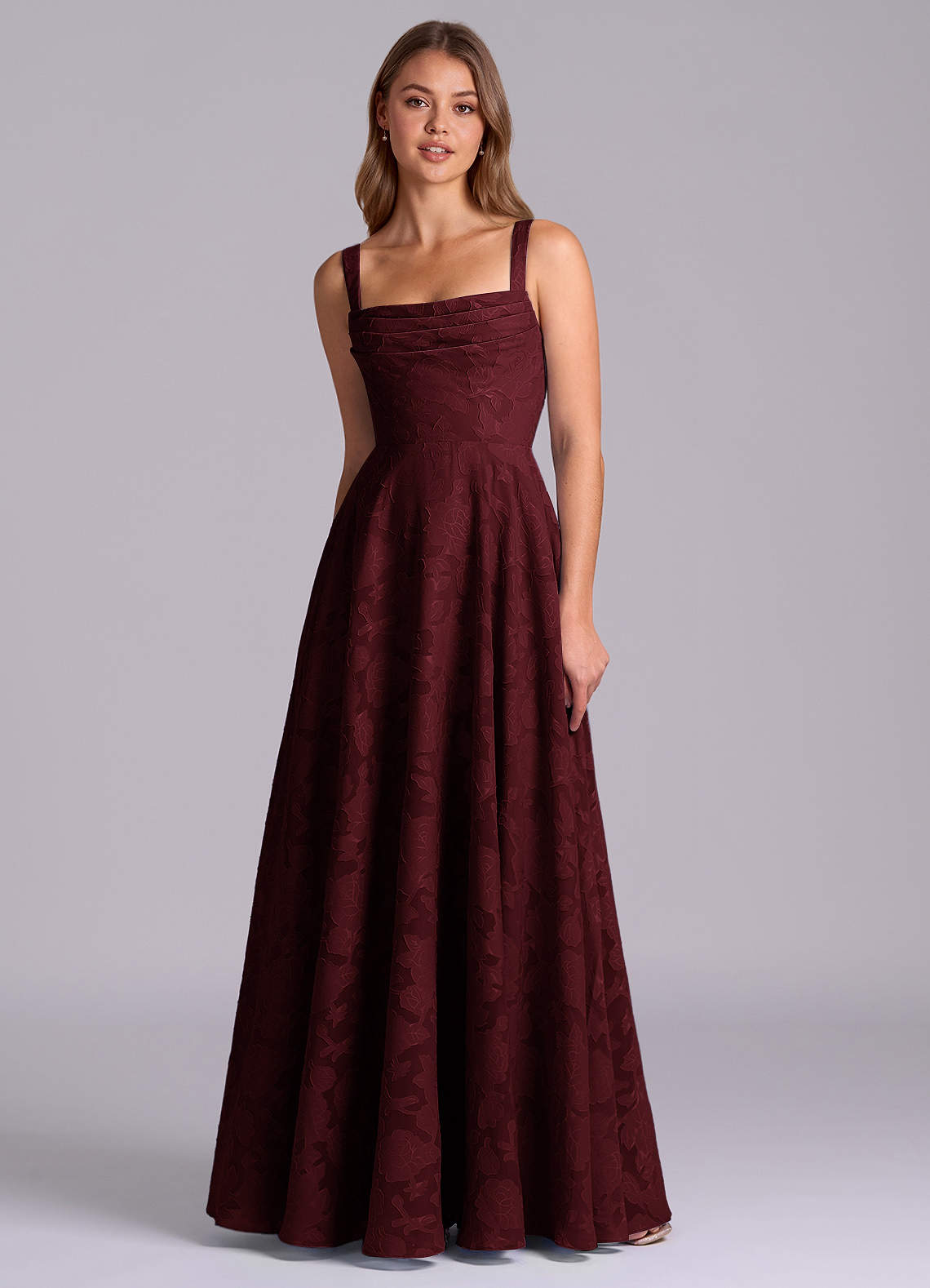 Azazie Shaude Bridesmaid Dresses Cabernet A-Line Pleated Floral Burnout Dress image5