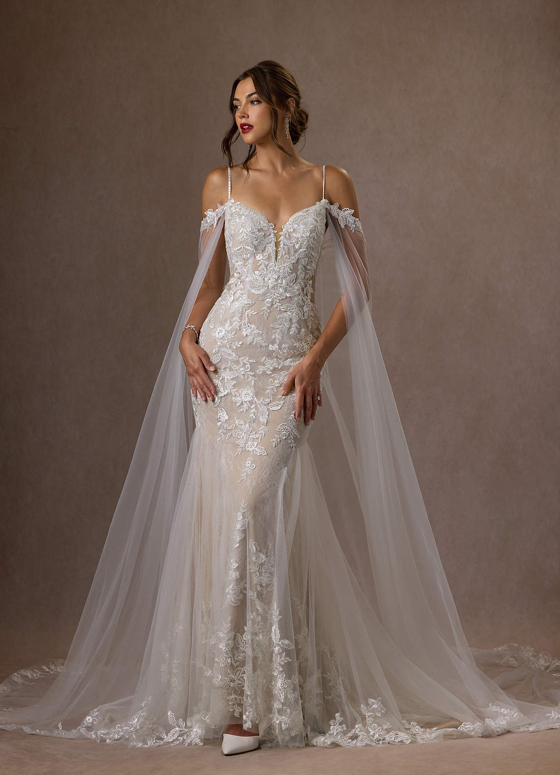 Azazie Leonie Wedding Dresses Diamond White Nude Mermaid V-Neck Sequins Tulle Dress image1