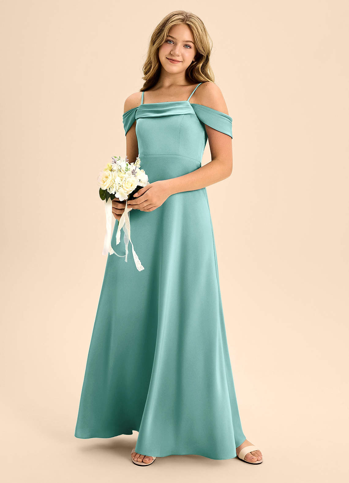 Azazie Anselie Junior Aqua A-Line Off the Shoulder Stretch Satin Dress image1