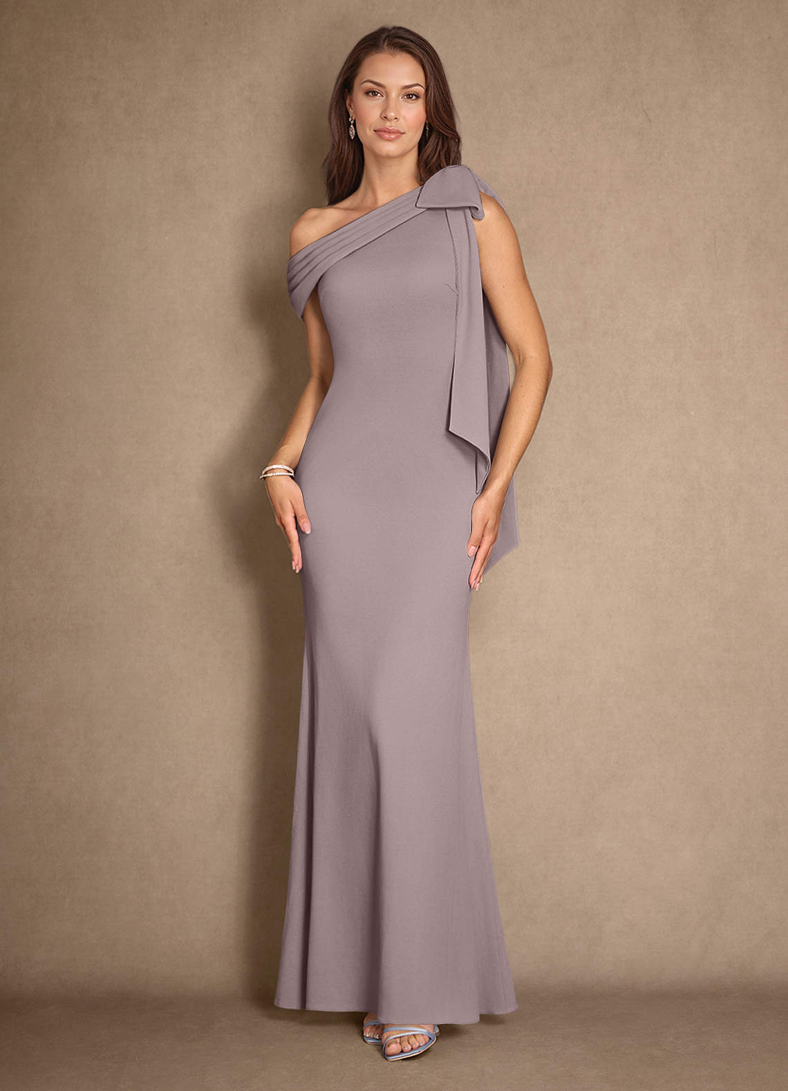 Azazie Myers Mother of the Bride Dresses Vintage Mauve Mermaid Pleated Stretch Crepe Dress image1