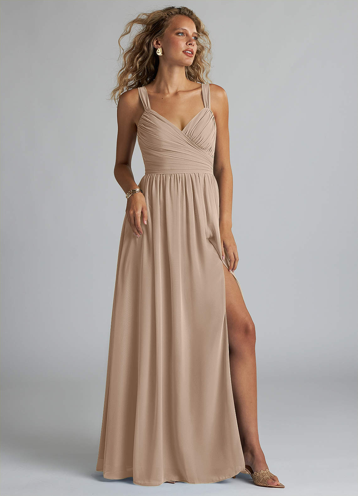 Azazie Aziza Bridesmaid Dresses Taupe A-Line V-Neck Pleated Chiffon Dress image1