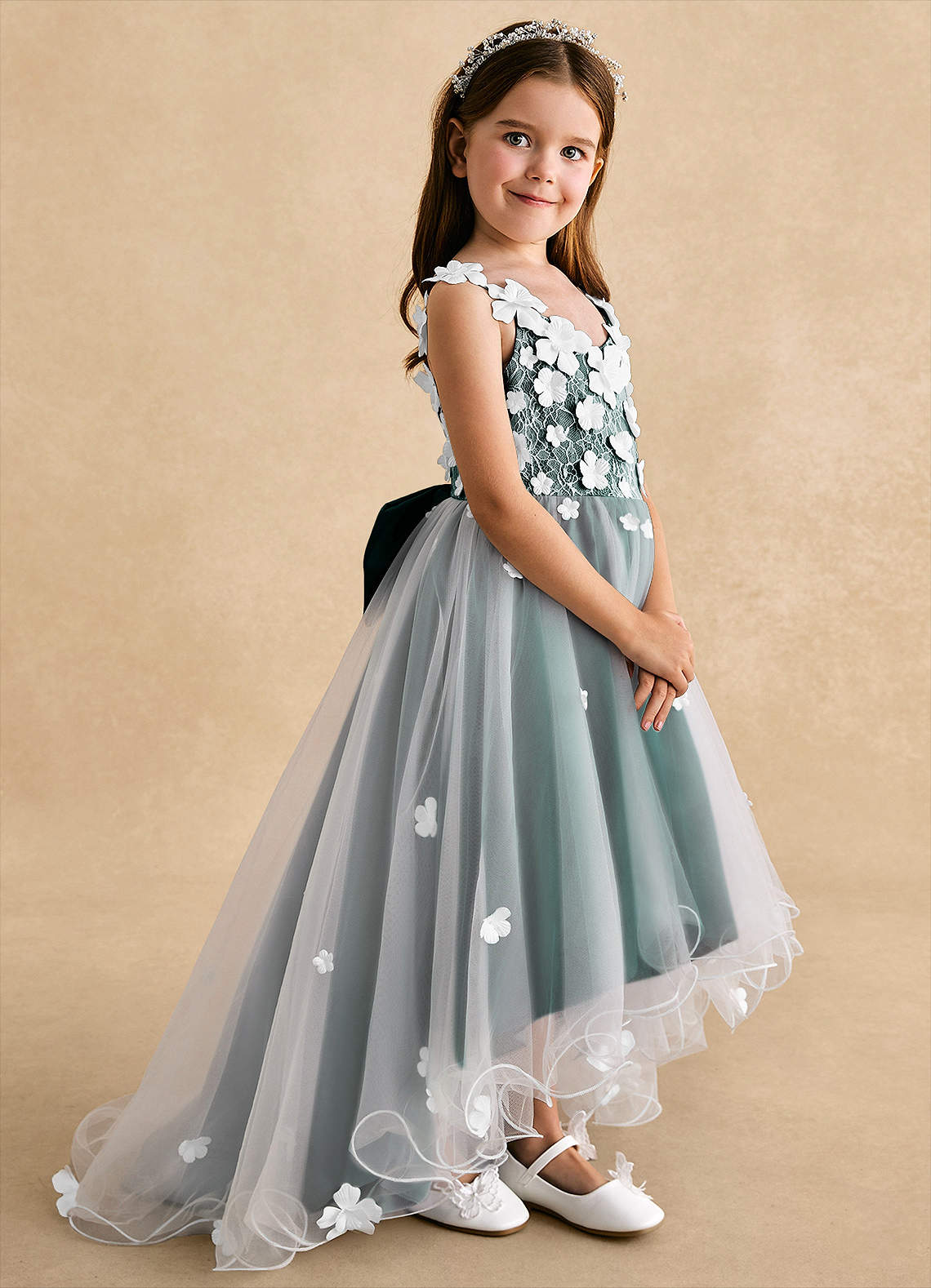 Azazie Celia Flower Girl Dresses Pine A-Line Lace Tulle Dress image2