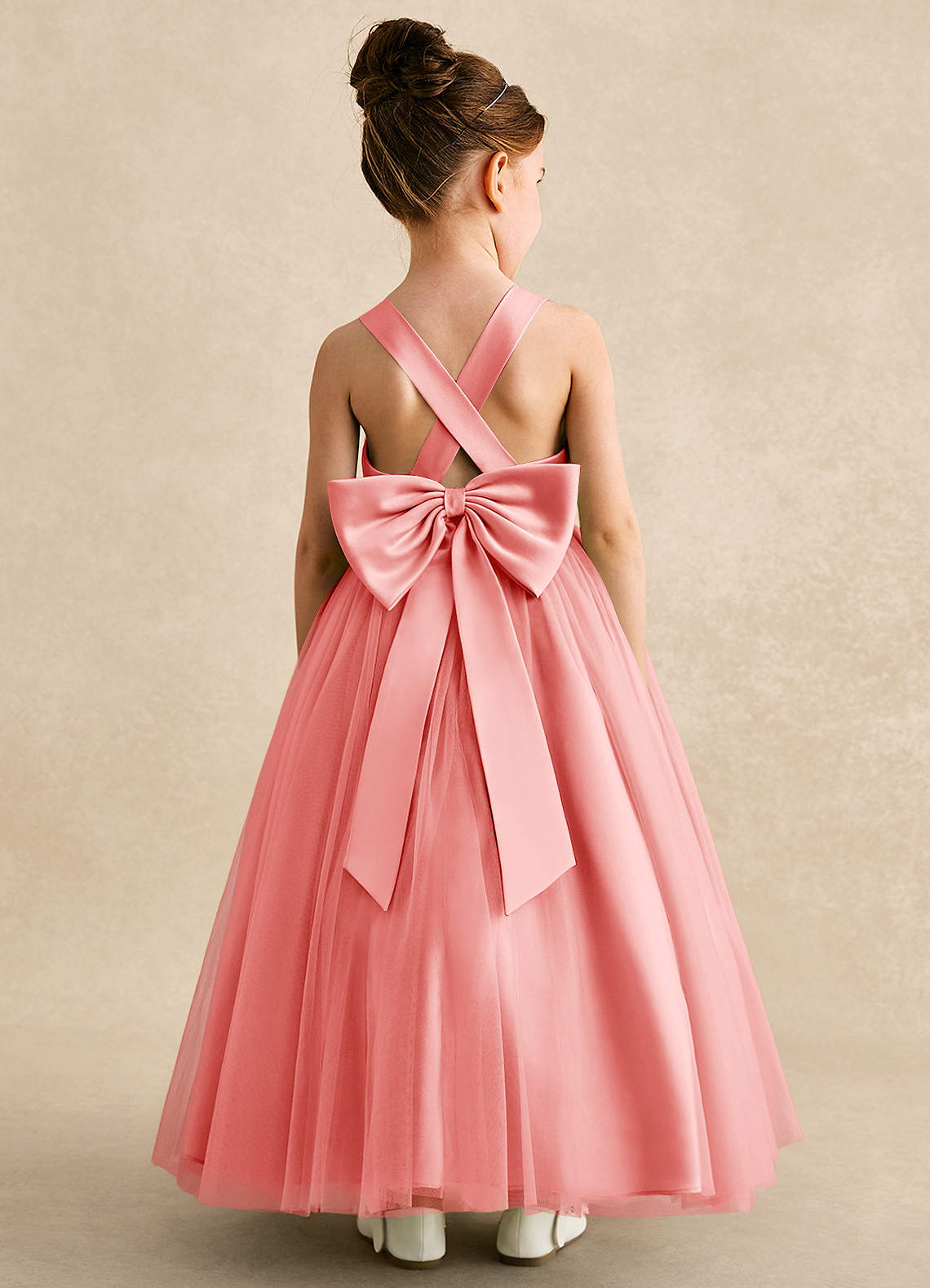 Azazie Peanut Flower Girl Dresses Coral A-Line Strap Tulle Dress image1