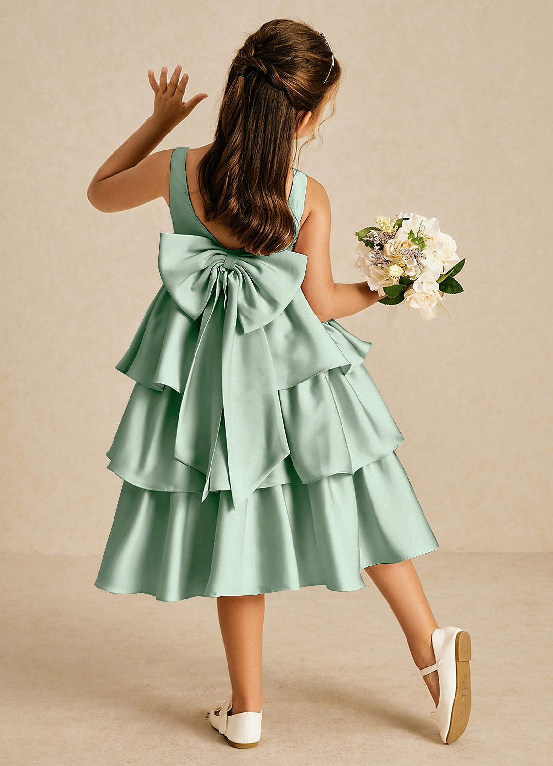 Azazie Margery Flower Girl Dresses Agave A-Line Bow Stretch Satin Dress image1