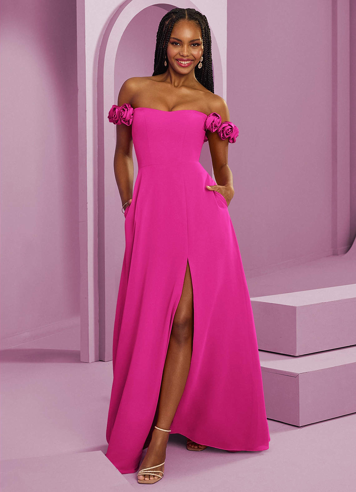 Barbie ♥ Azazie Bridesmaid Dresses Barbie Pink A-Line Off the Shoulder Chiffon Convertible Dress image1
