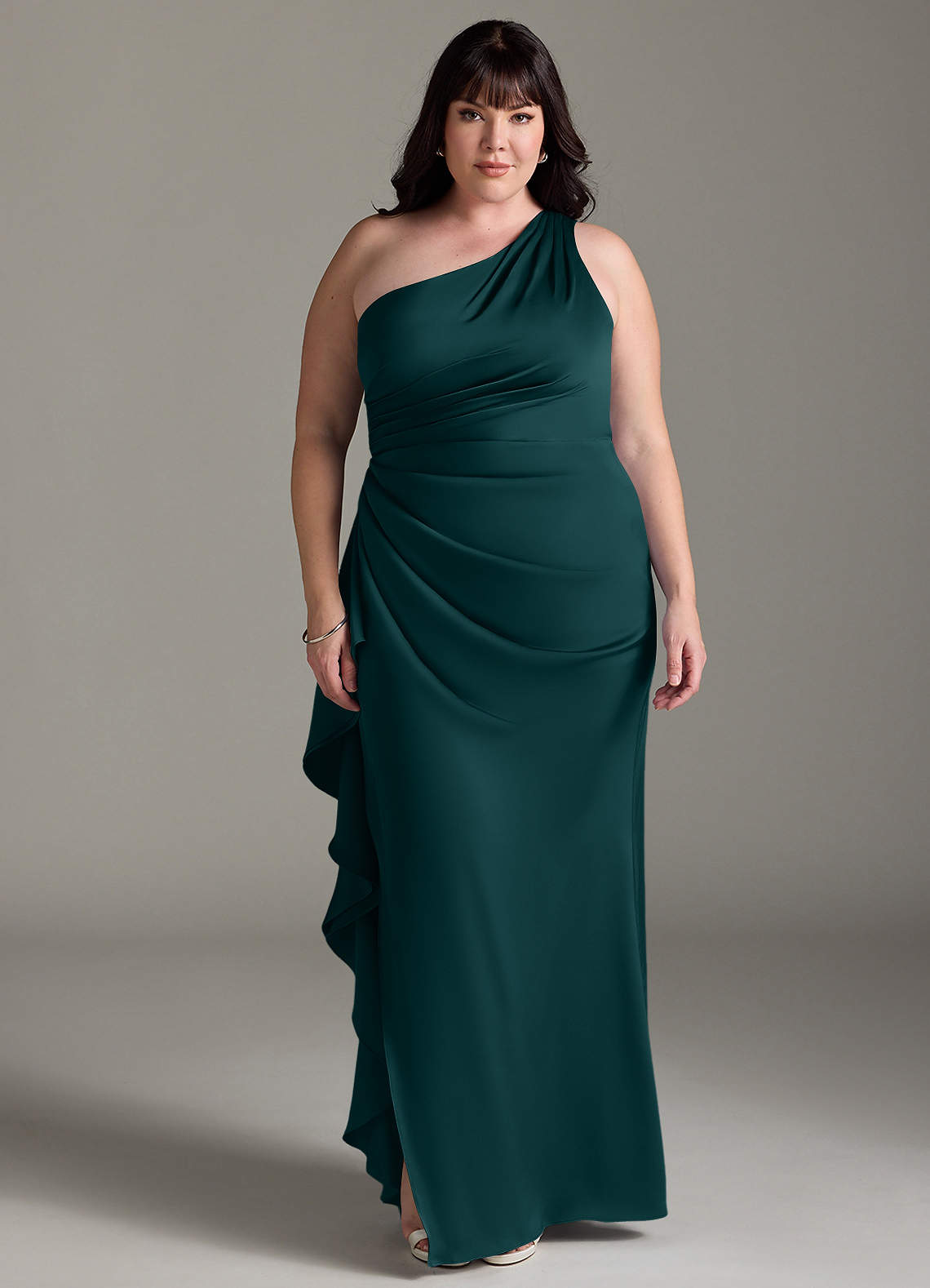 Azazie Latrice Bridesmaid Dresses Pine Sheath One Shoulder Cascading Ruffles Stretch Satin Dress image1