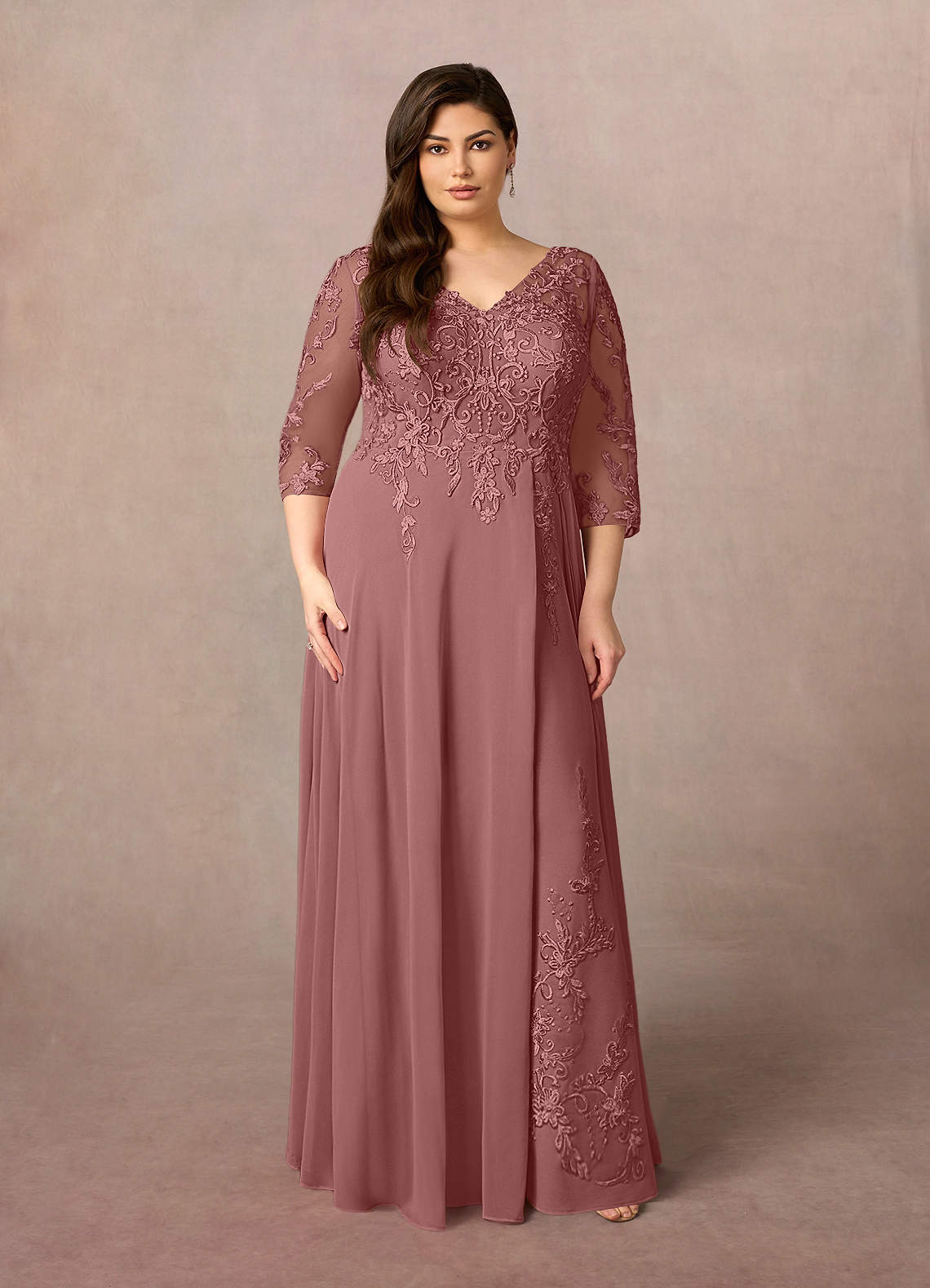 Azazie Noella Mother of the Bride Dresses Desert Rose A-Line V-Neck Lace Chiffon Dress image1