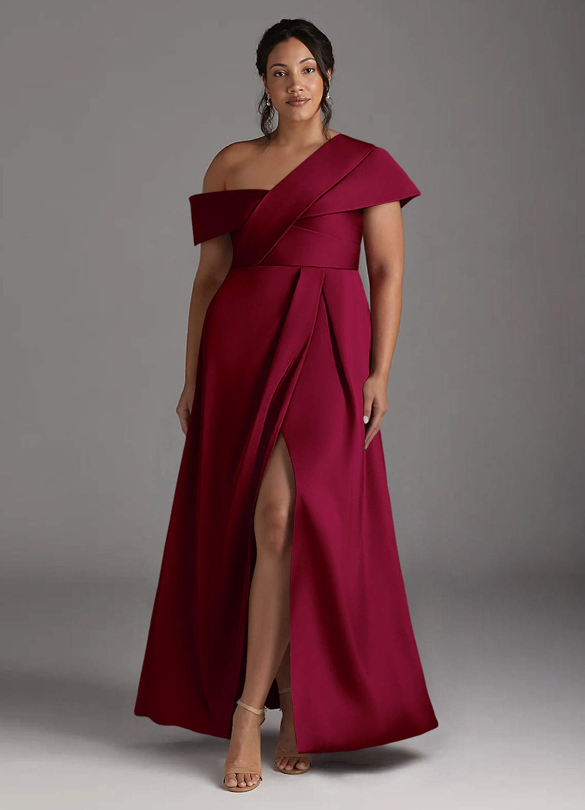 Azazie Milton Mother of the Bride Dresses Burgundy A-Line Pleated Stretch Satin Dress image8