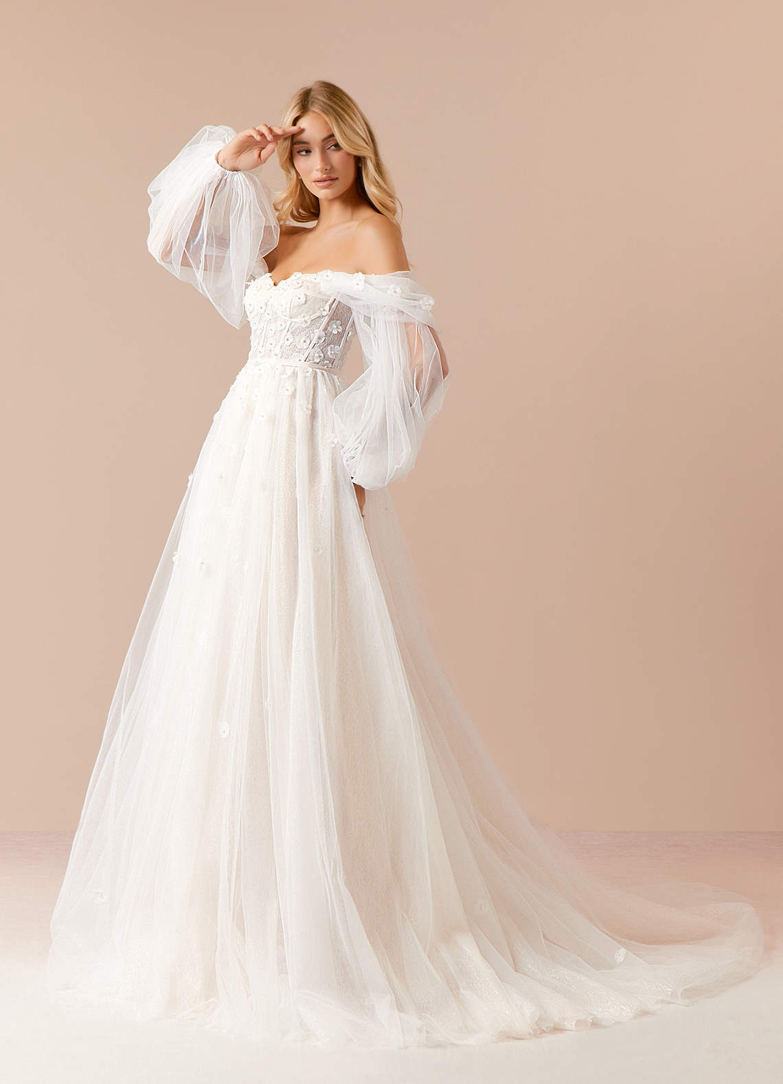 Azazie Airellie At-home Try On Dresses Diamond White Champagne A-Line Off the Shoulder Tulle Dress image2