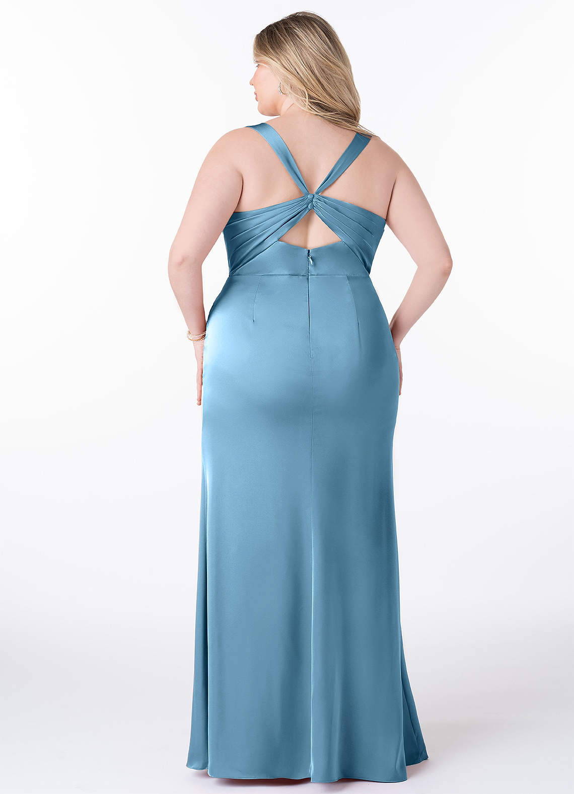 Azazie Mero Bridesmaid Dresses Steel Blue Sheath Pleated Stretch Satin Dress image7