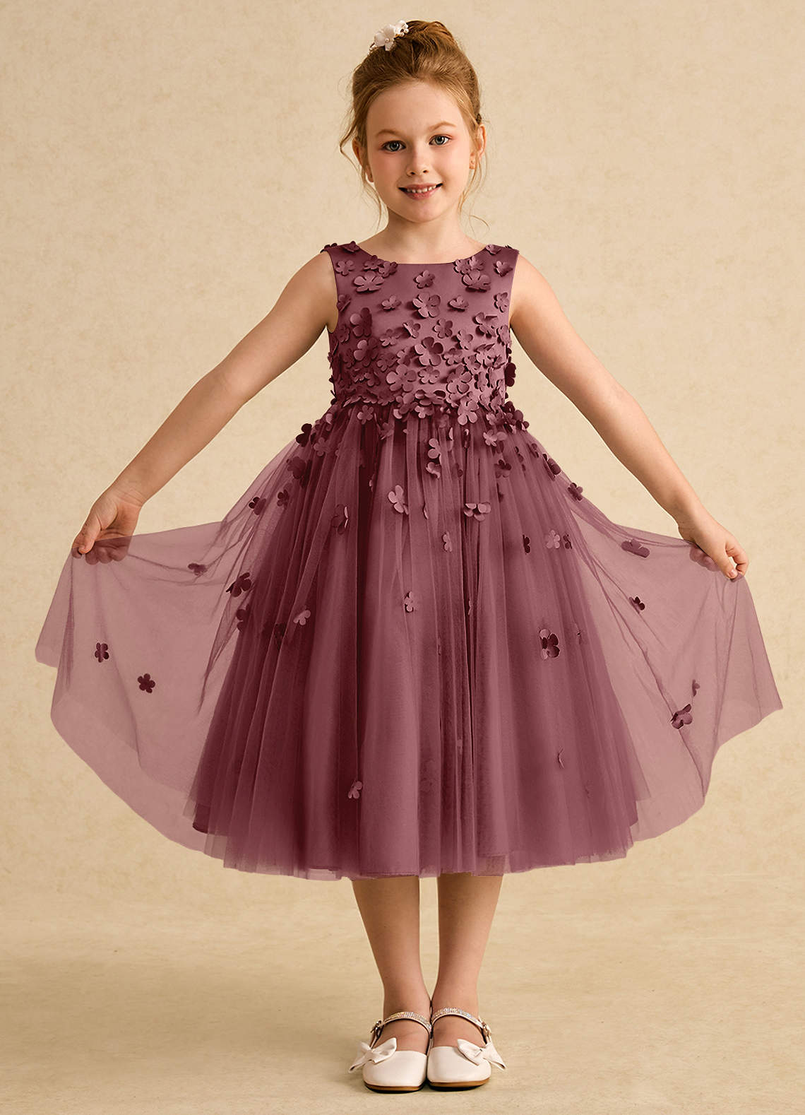 Azazie Lana Flower Girl Dresses Desert Rose A-Line Sleeveless Matte Satin Dress image1