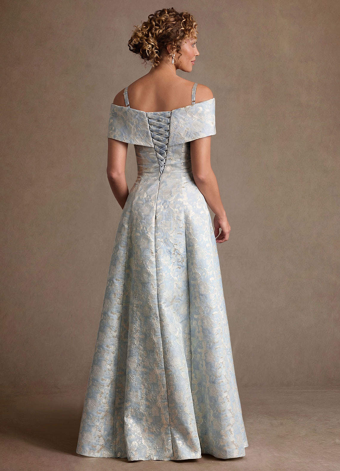 Azazie Harriett vestidos de madre de la novia Vestido de Azul Polvoriento de Jacquard Floral de Corte en A con Vestidos sin tirantes image3