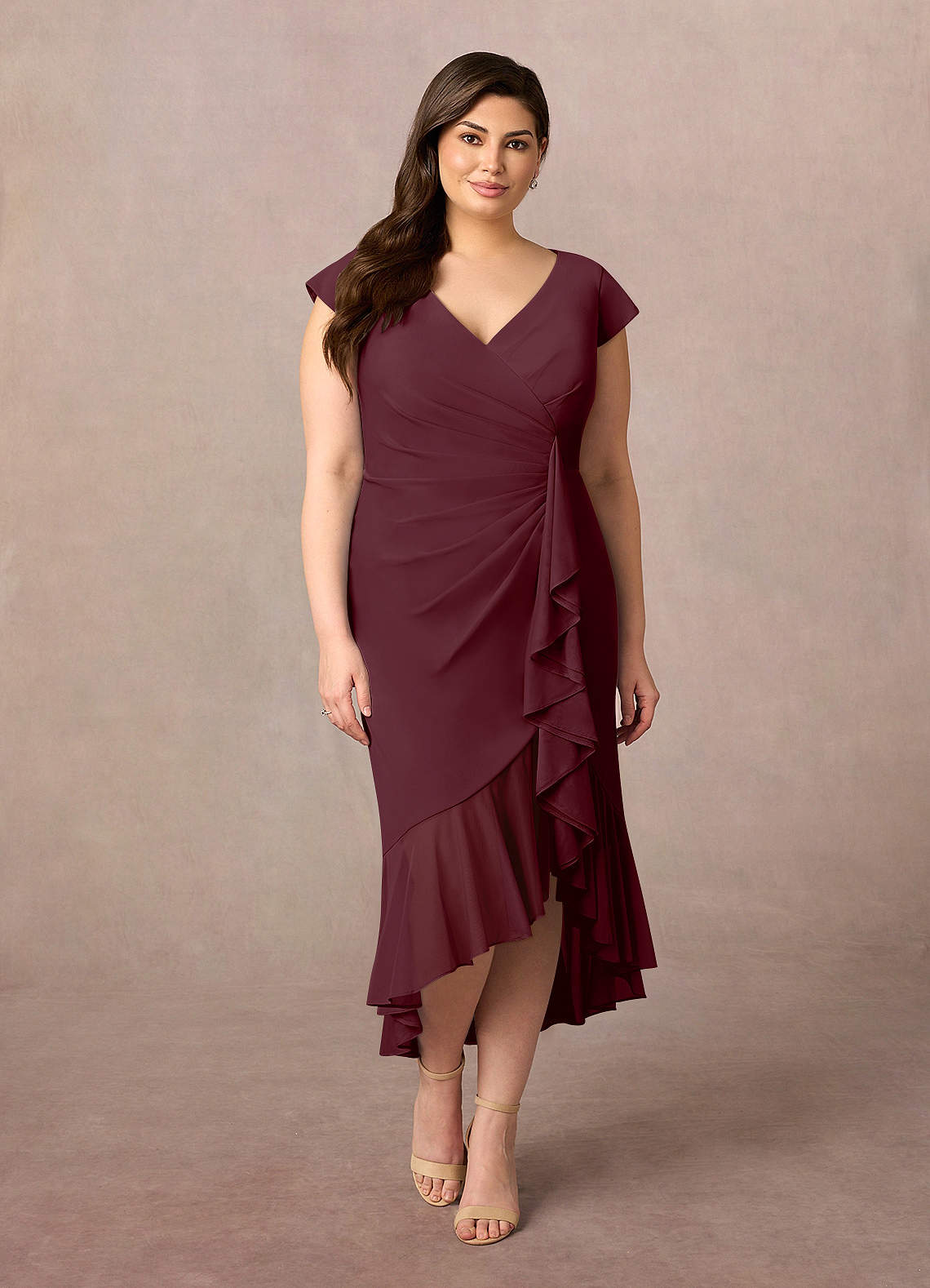 Azazie Renetta Final Sale Cabernet Sheath V-Neck Pleated Mesh Dress image1