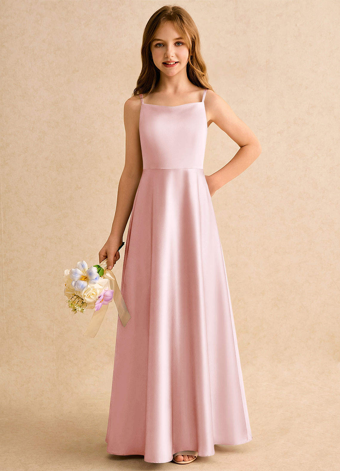 Azazie Joella Girls Formal Sukienki dla dziewczynek sypiących kwiaty Linia A Pofałdowany Satyna elastyczna Długość podłogi Sukienka image2
