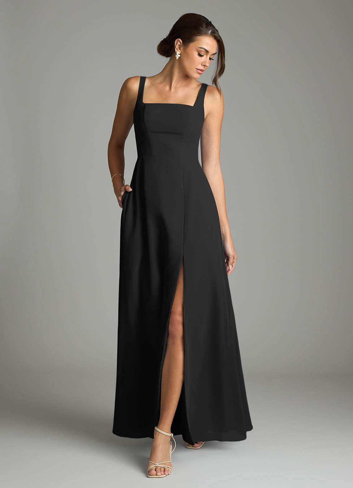 Azazie Debra Bridesmaid Dresses Black A-Line with Pockets Chiffon Convertible Dress image3