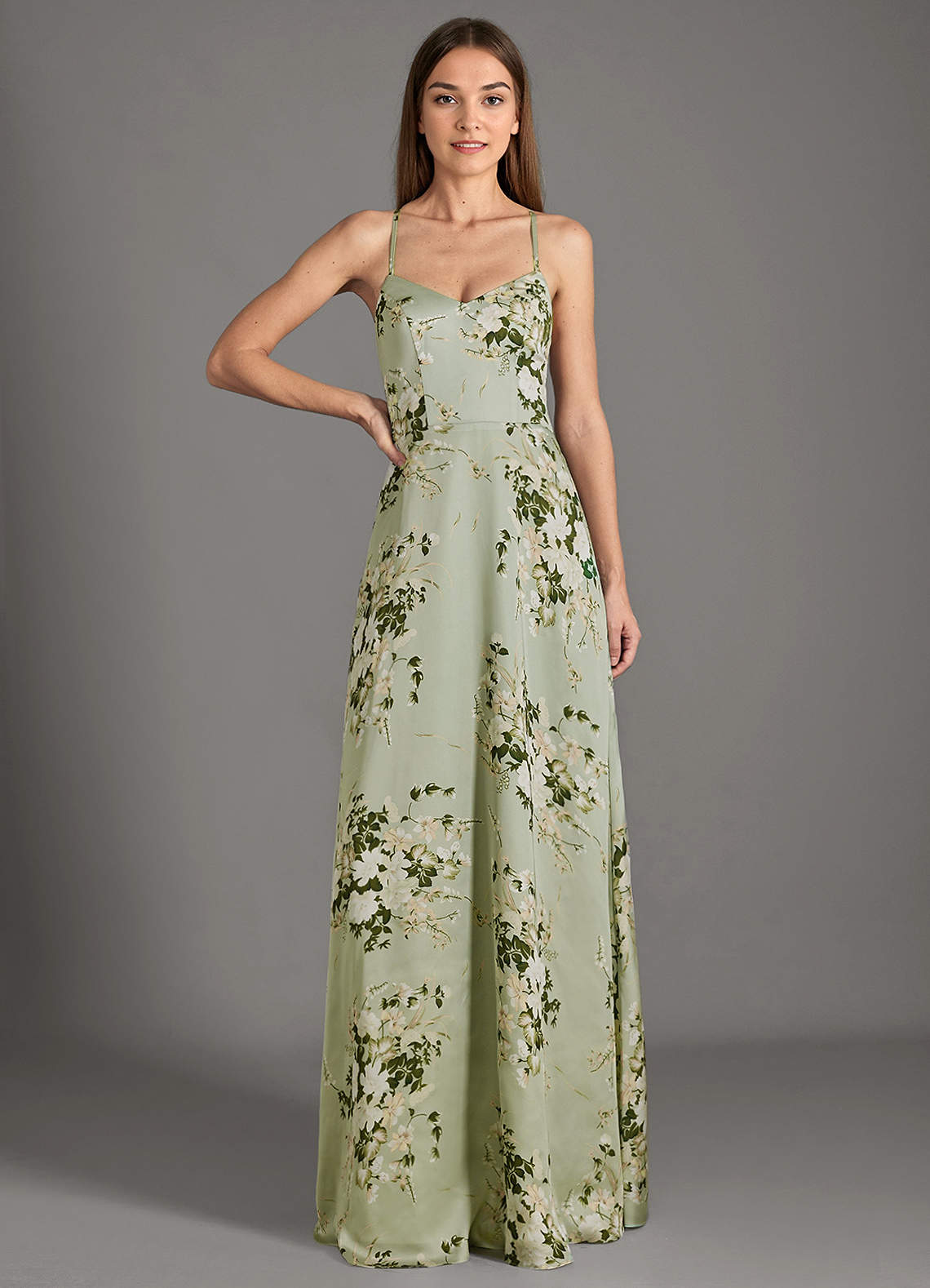 Azazie Mei Vestidos de damas de honor Vestido de Enredaderas Florales de Satén Elástico de Corte en A con Cuello en V image1
