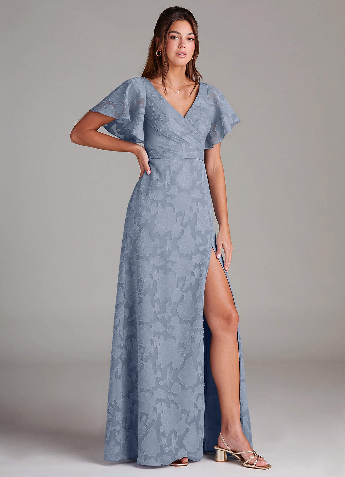 Azazie Ambrosia Bridesmaid Dresses Dusty Blue A-Line Pleated Floral Burnout Dress image2