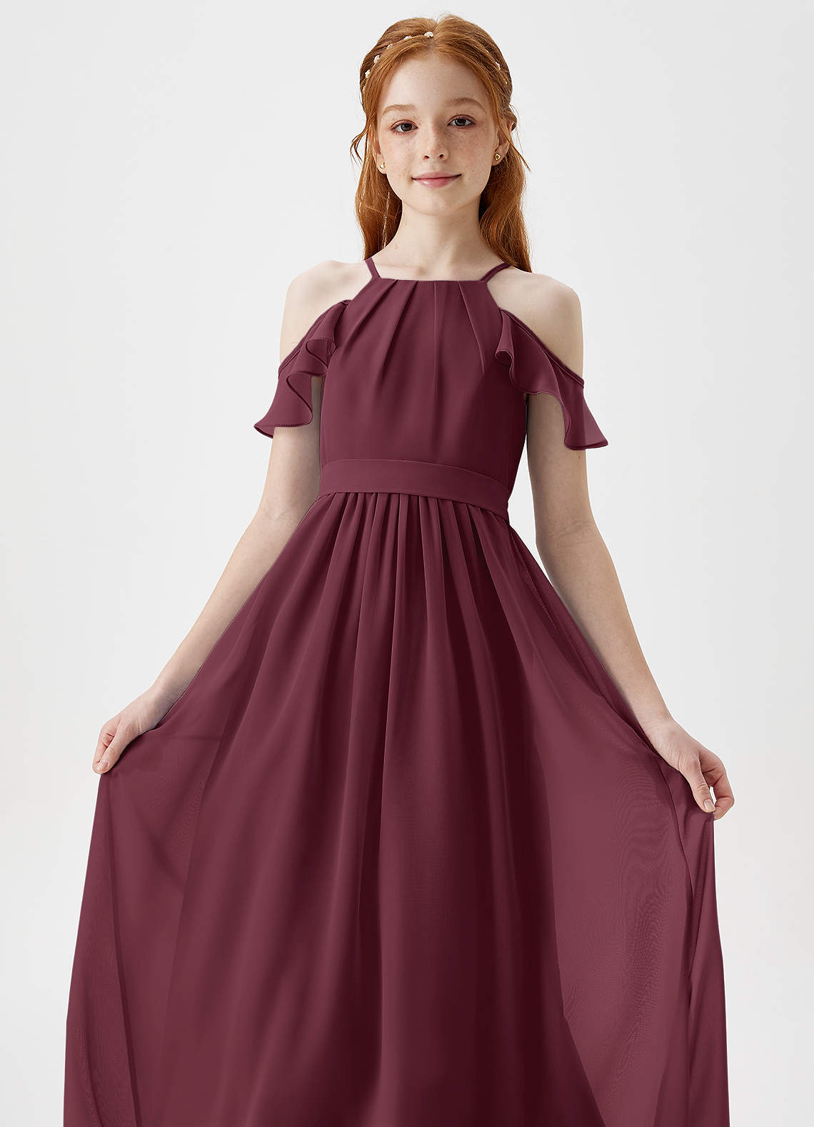 Azazie Chaya Junior Robe Trapèze en Mousseline de soie Épaule décolletée Cabernet image1