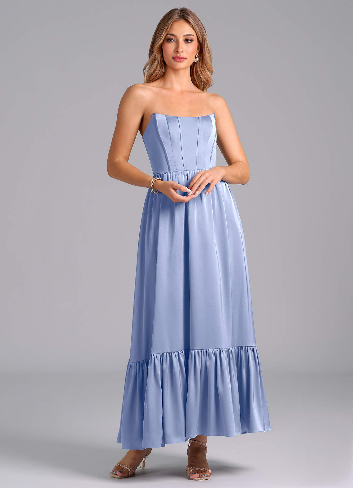 Azazie Leilana Bridesmaid Dresses Ice A-Line Corset Stretch Satin Dress image1