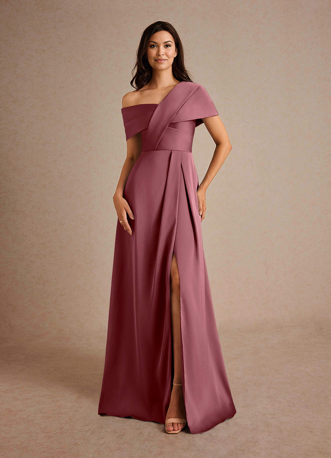 Azazie Milton Mother of the Bride Dresses Desert Rose A-Line Pleated Stretch Satin Dress image4
