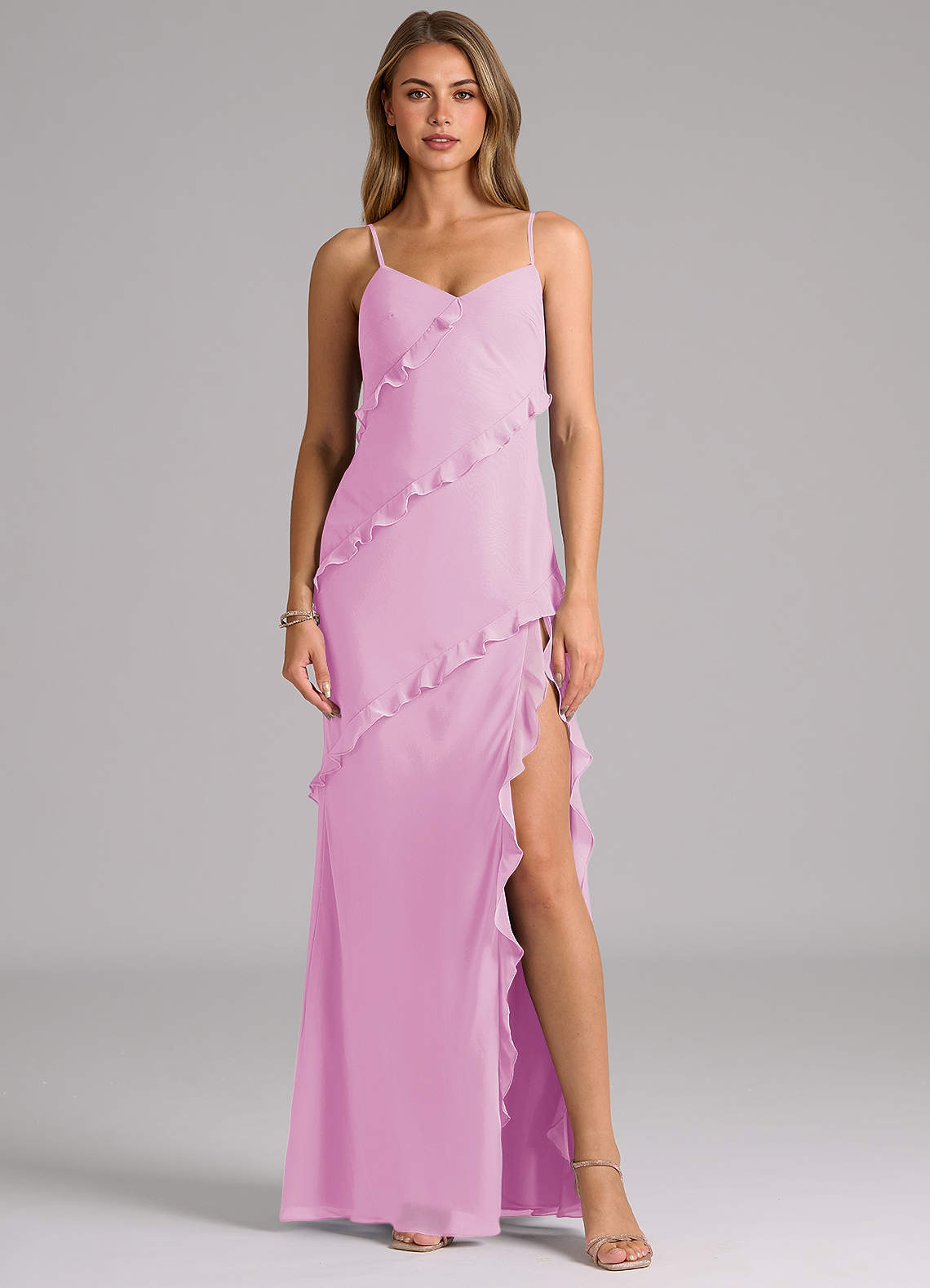 Azazie Nancie Robes de demoiselle d'honneur Robe Sirène en Mousseline de soie Rayé Rose Bonbon image1