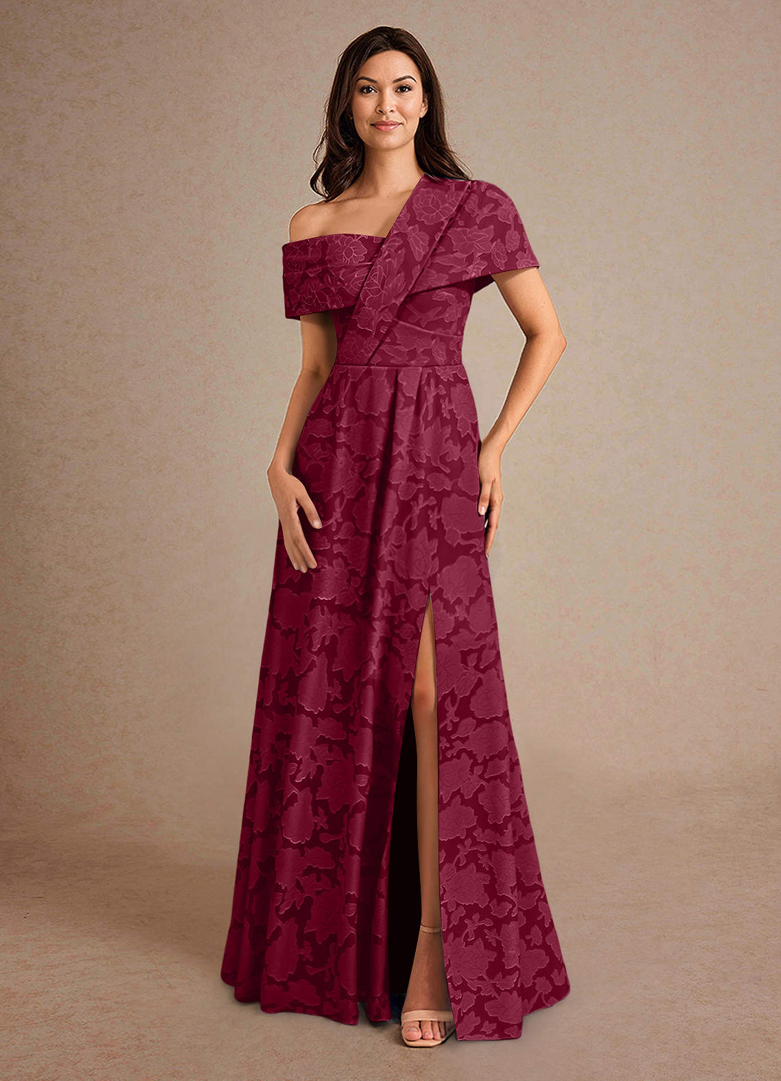 burgundy floral mother of the bride dress Azazie Milton Burgundy A-Line Pleated Floral Burnout Dress