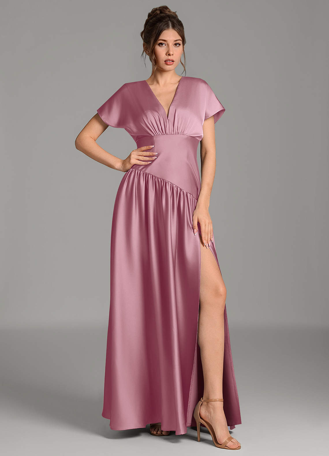 satin mauve dress Rosalind Midi in Hand wash cold The model is wearing a size small that measures 57in/145cm in length Olivia Dark Mauve Olivia Matte