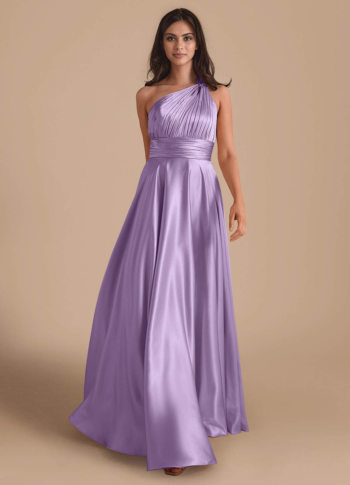 Azazie Charlize Bridesmaid Dresses Lilac A-Line One Shoulder Metallic Satin Dress image1