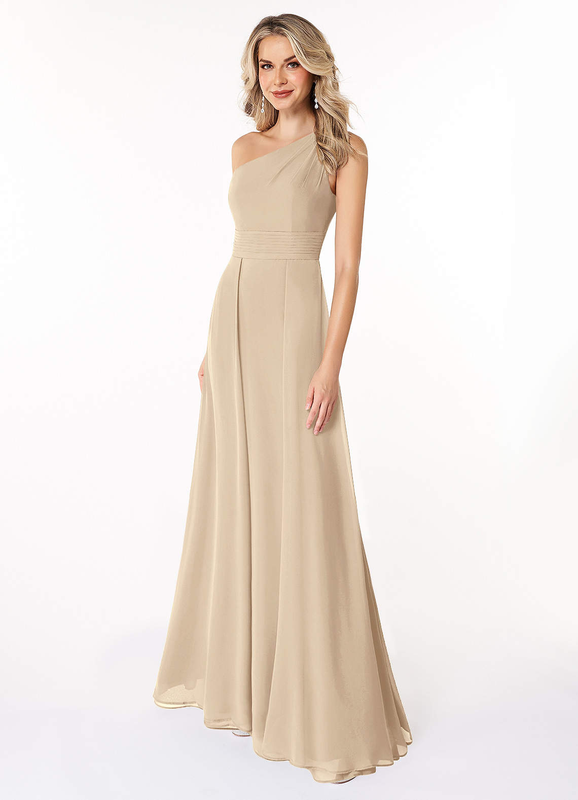 Azazie Dallas Bridesmaid Dresses Champagne A-Line One Shoulder Chiffon Dress image1