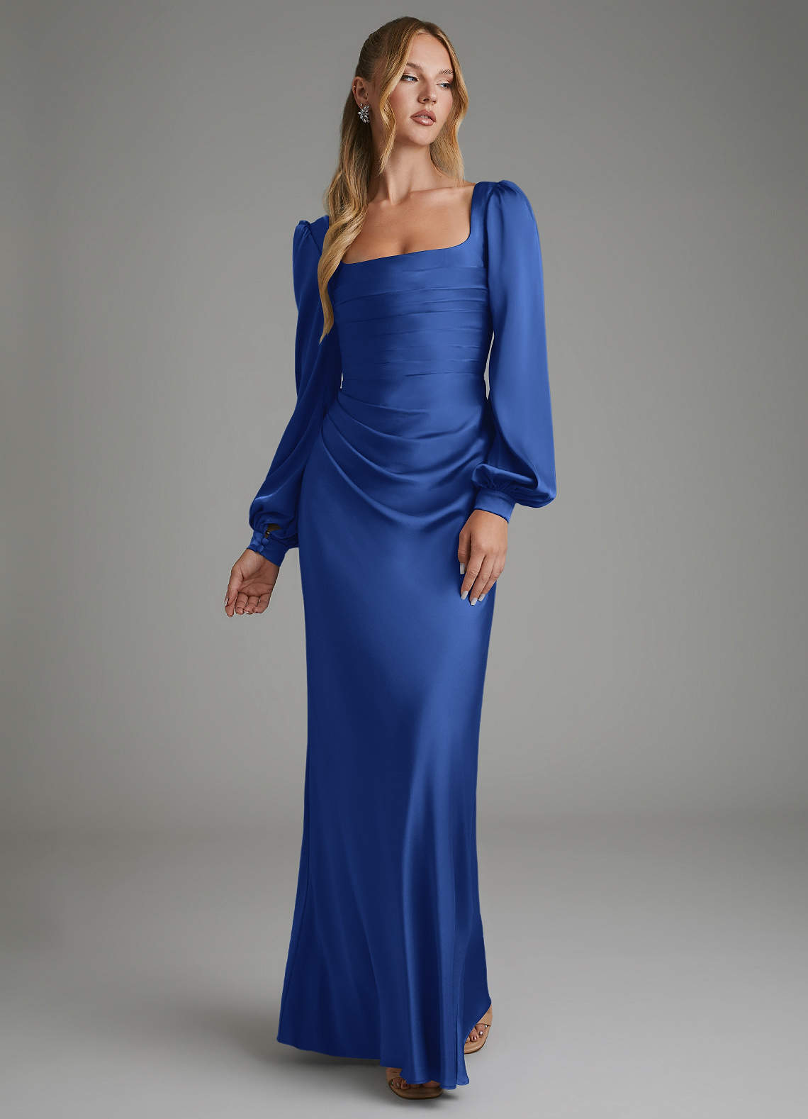 royal blue satin bridesmaid dresses Azazie Mermaid Square Neck Long Sleeve Floor-Length Stretch Spring formal feminine tweed Gala up back adds a Style:With Mirror