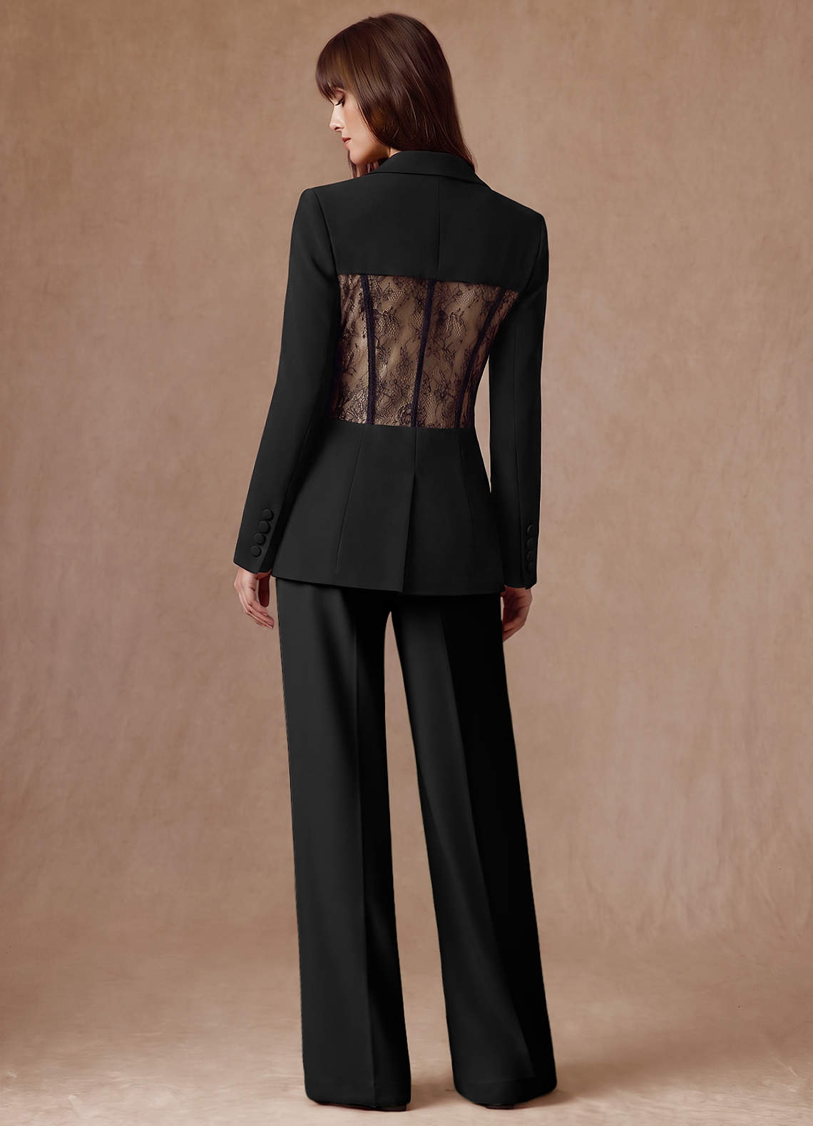 front Juliette Black Refined Weave Lace Panel Pantsuit