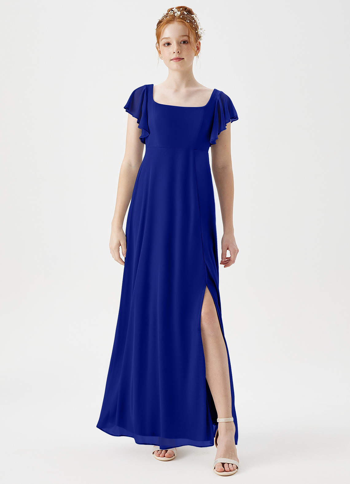 Azazie Bondi Junior A-Linie Seitliche Cut-Outs Gittergewebe Kleid Königsblau image1