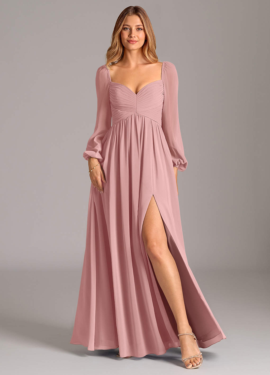 Azazie Alia At-home Try On Dresses Dusty Rose A-Line Long Sleeve Chiffon Dress image1