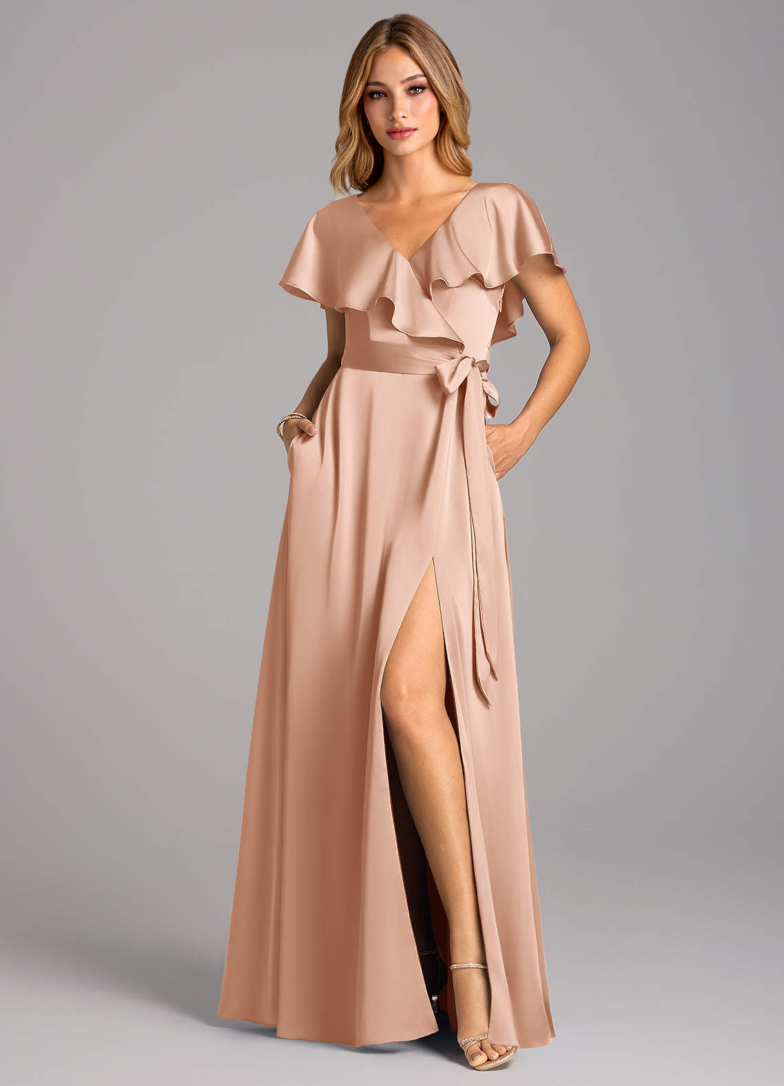 lainey gold satin dress Azazie Lainey Rose Gold Stretch Satin Bridesmaid Dresses