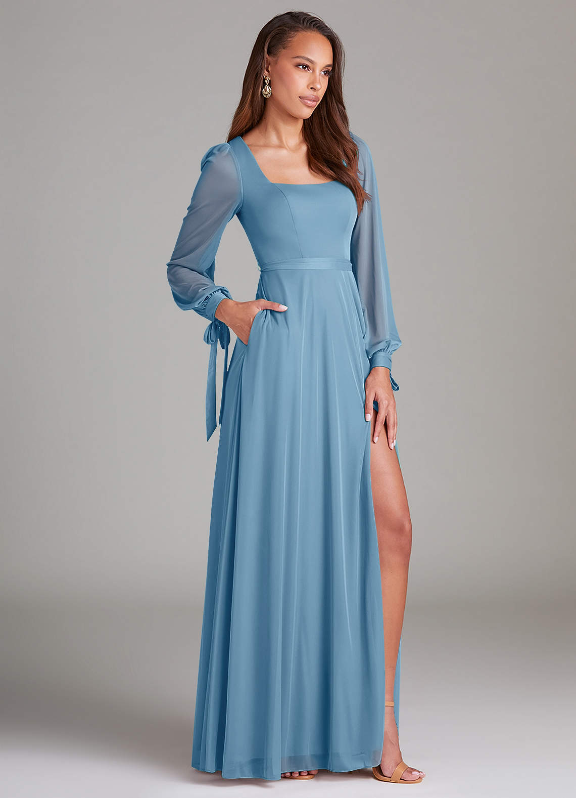 Azazie Leonia Abiti da Damigella Abito A-Line in Maglia Manica Lunga Blu Acciaio image2