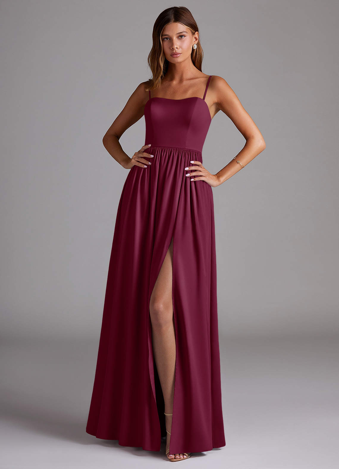 Azazie Calianna Bridesmaid Dresses Mulberry A-Line Off the Shoulder Stretch Satin Convertible Dress image1