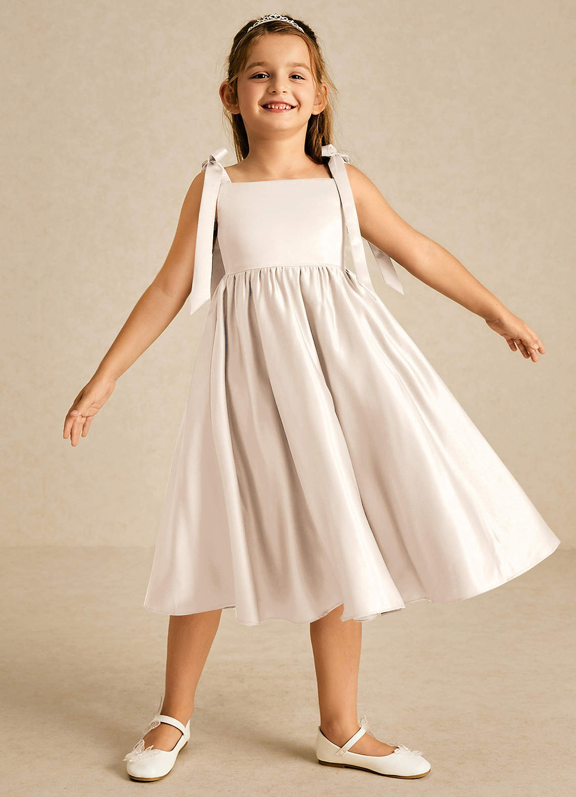 Azazie Chelsie Flower Girl Dresses White Alabaster A-Line Bow Matte Satin Dress image1